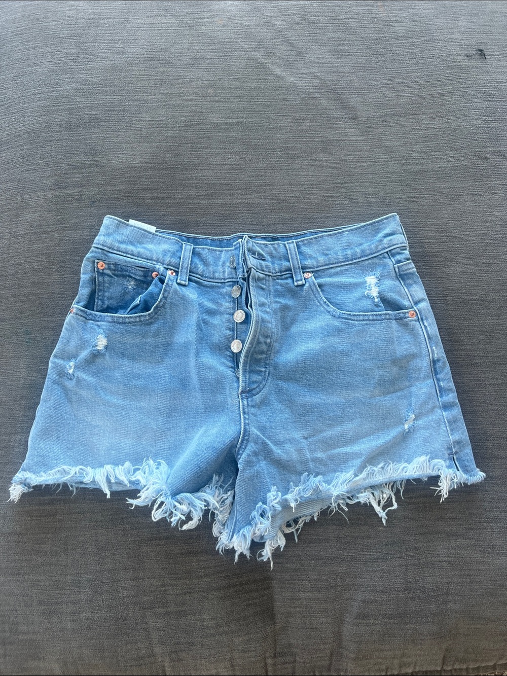 Light Blue Distressed Denim Jean Shorts - Women's High Rise